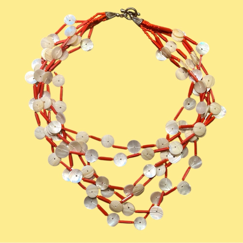 Vintage Red & Iridescent Shell Layered Necklace